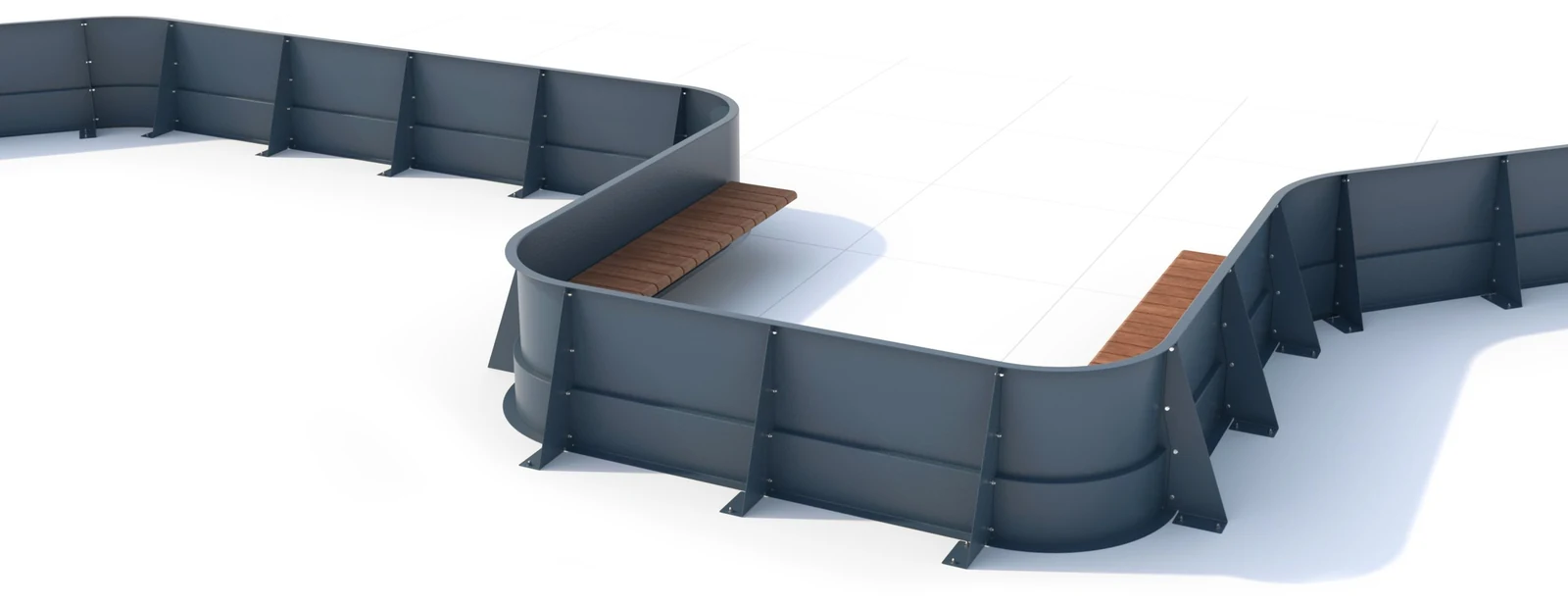 Modular metal planting layout with corners, curves and integrated timber seats
